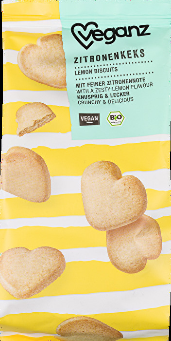 Die Zitronenkekse von Veganz sind kleine Mürbeteig Kekse in Herzform mit erfrischender Zitronennote.