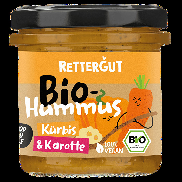 Im Bio-Hummus mit Kürbis & Karotte von Rettergut steckt nicht nur gerettetes Gemüse sondern auch voller Geschmack in herrlich cremiger Konsistenz.