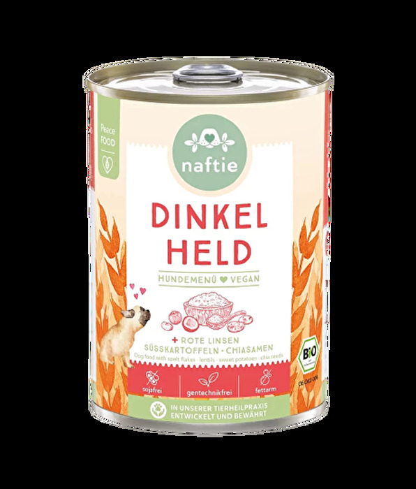 Der Dinkel Held klein in der 400g-Büchse von naftie - ein überaus bekömmliches veganes Nassfutter aus Dinkelflocken mit roten Linsen, Äpfeln und Kartoffeln.