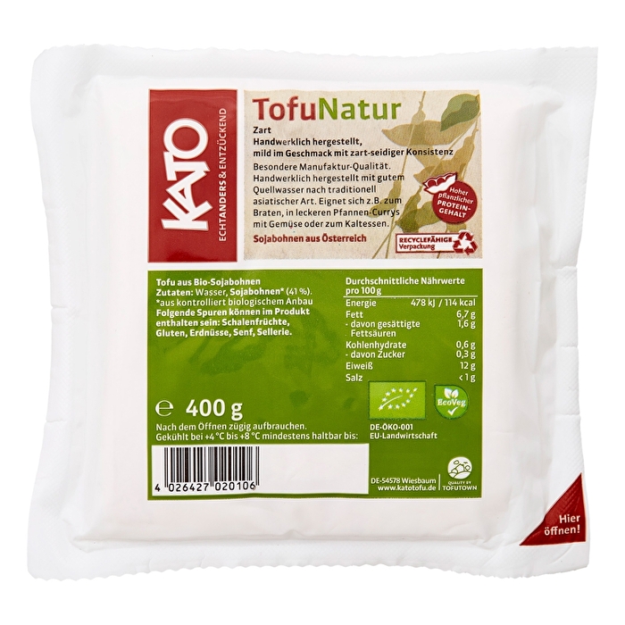 Der Tofu Natur von Kato im 400g-Pack - ideal für alle, die naturbelassenen Tofu zum Weiterverarbeiten brauchen.