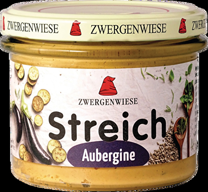 Der Aubergine Streich von Zwergenwiese ist ein wunderbar aromatischer Brotaufstrich auf Basis von Sonnenblumenkernen und Auberginen.