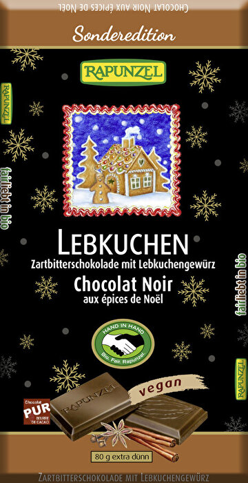 Zu Weihnachten darf es schon mal eine besondere Schokolade sein! So wie die Zartbitterschokolade Lebkuchen von Rapunzel, bei der Anis, Koriander, Ingwer, Zimt und Nelken eine herrliche Liasion mit feiner Zartbitterschokolade eingehen.