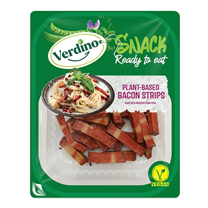 Die veganen Bacon Streifen von Verdino sind auf Basis von Erbsenprotein hergestellt und bereits vorfrittiert.