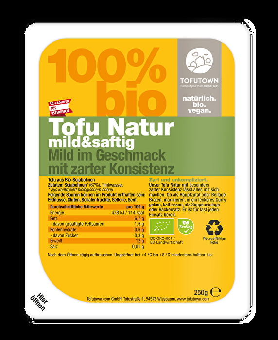 Der Tofu Natur von TOFUTOWN ist mild im Geschmack und hat eine zarte Konsistenz.
