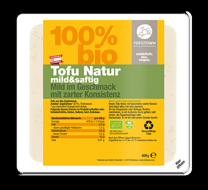 Der Tofu Natur mild & saftig von TOFUTOWN in der großen 400g Packung ist für alle, die gar nicht genug Tofu im Kühlschrank haben können, für Familien oder WG's.
