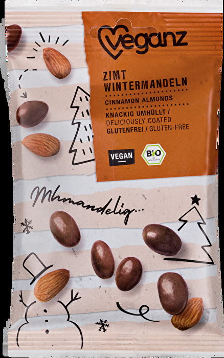 Die Zimt Wintermandeln von Veganz sind knackige Mandeln umhüllt von einer zartschmelzenden Kakaozubereitung mit Zimtnote.