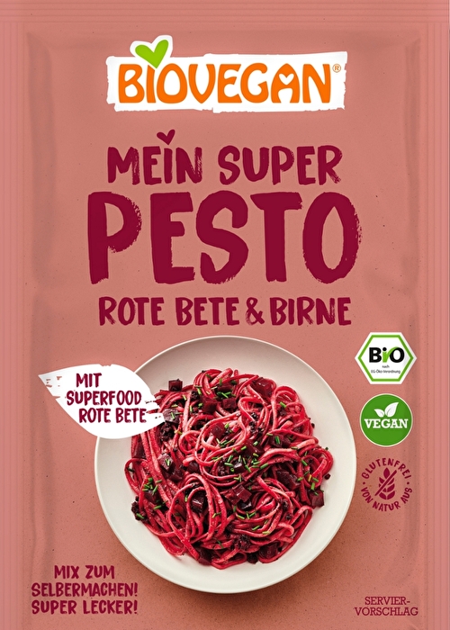 Mit dem Mein Super Pesto °Rote Bete & Birne° von Biovegan servierst du deinen Gästen das nächste Mal eine richtig ausgefallene Pasta Kreation.