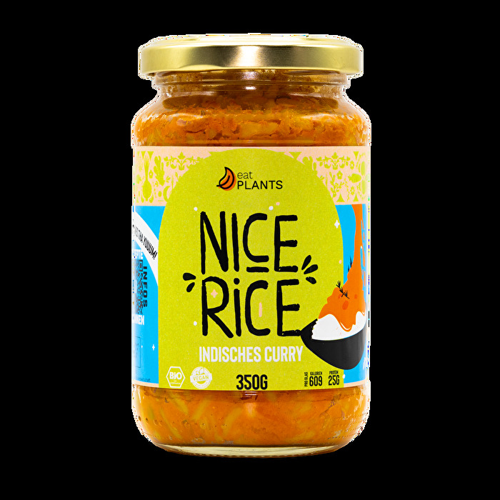 Beim NiceRice Indisches Curry von eatPLANTS trifft Langkornreis auf typische Curry-Gewürze und leckeres Gemüse.