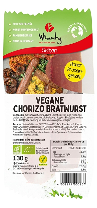 Die Chorizo Bratwurst von Wheaty ist pikant, deftig und vollmundig mit mediterraner Würznote!