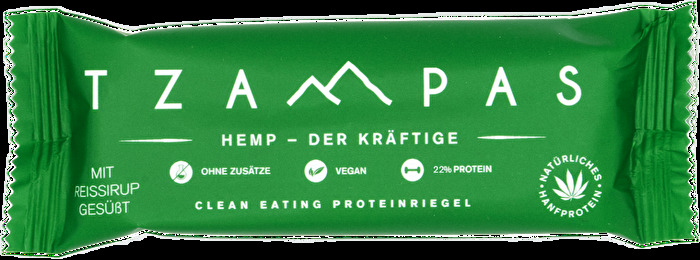 Der HEMP Riegel von TZAMPAS ist ein Bio Proteinriegel mit nussigem Geschmack und einem Proteingehalt von 19%.