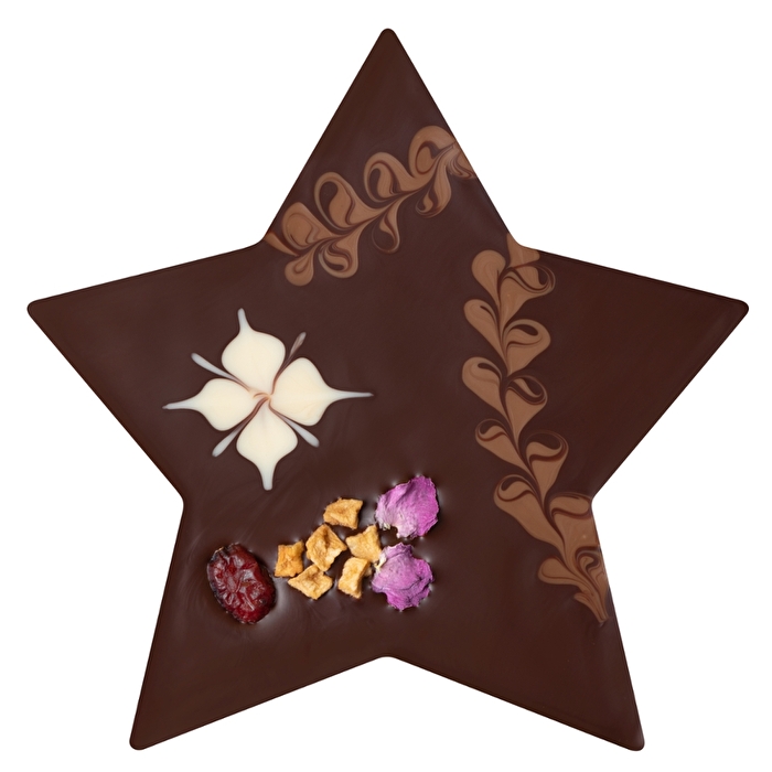 Der STERN Dunkle Schokolade de luxe von Zotter ist ein aus dunkler Edelschokolade bestehender, stilvoll verzierter Stern.