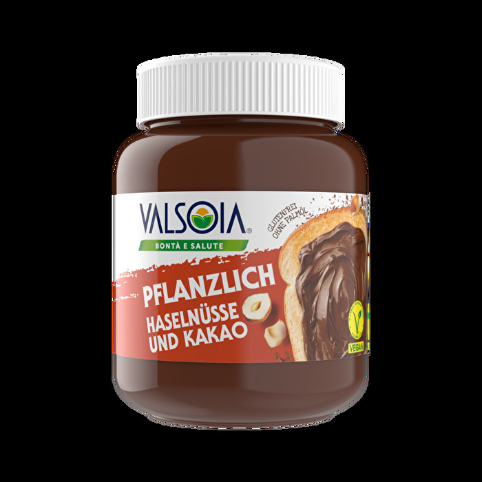 Der Haselnuss-Kakao-Aufstrich von Valsoia ist eine köstliche pflanzliche Creme mit Haselnüssen und Magerkakao und ab jetzt OHNE Palmöl!