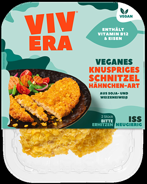 Die Vegane Hähnchen-Schnitzel von Vivera kommen im Doppelpack daher und verfügen über eine richtig krosse Cornflakes-Kruste!