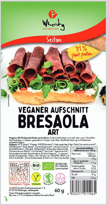 Veganer Aufschnitt Bresaola Art von Wheaty überzeugt mit mildem Geschmack und kommt ohne Chemie und künstliche Aromen aus.