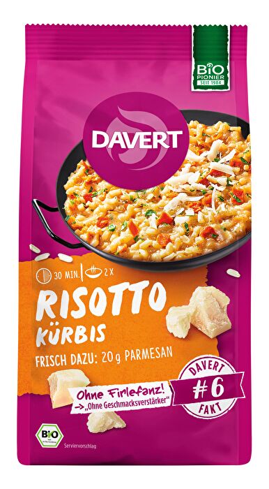 Im Risotto Kürbis von Davert steckt der volle Geschmack Italiens. Mit dieser Mischung kannst du dir in kürzester Zeit ein cremiges Risotto-Glück zaubern.