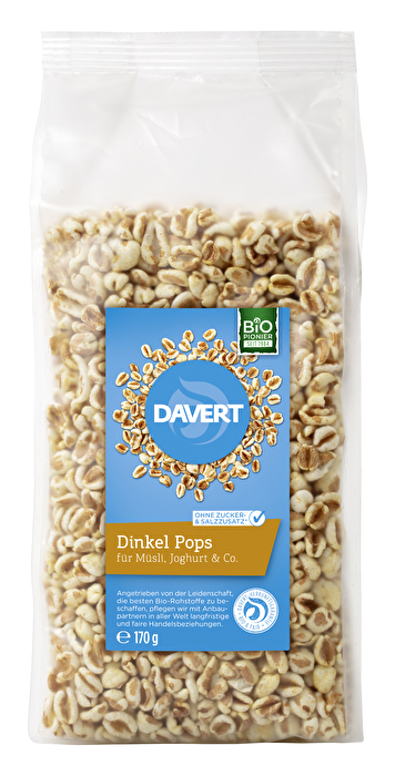 Dinkel Pops von Davert sind für Müsli, Joghurtalternativen & Co. der beste Begleiter. Aromatisch und aufgepufft, schmecken sie fein röstig und sind luftig leicht.