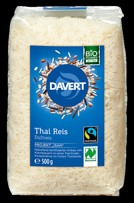Thai Reis weiß von Davert wird von Kleinbauern in einer Fairtrade-Kooperative im Osten Thailands nach strengen Naturland-Kriterien angebaut.