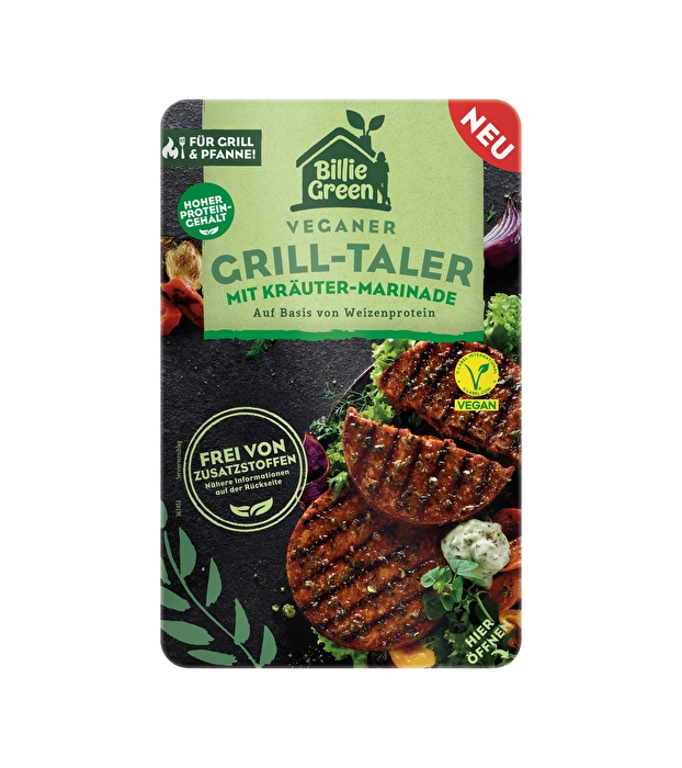 Die veganen Grill-Taler mit Kräuter Marinade von Billie Green, auf Basis von Weizenprotein, bestechen durch die würzige Marinade, Saftigkeit und ihren herzhaften Biss.