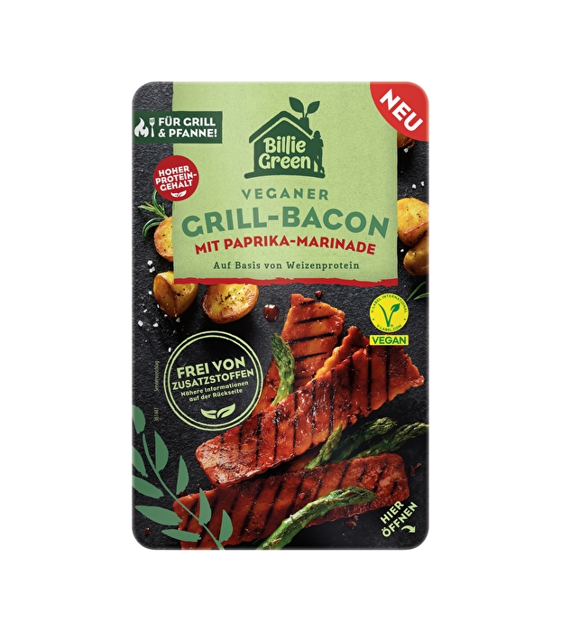 Dieser vegane Grill-Bacon mit Paprika Marinade von Billie Green, hat seinen unverwechselbaren saftigen Grillgeschmack durch die würzig-rauchige Paprikamarinade.