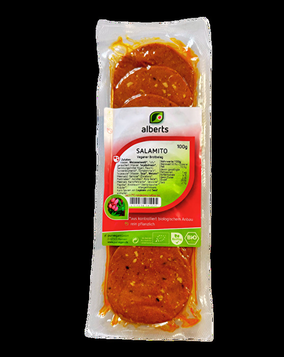 Der Salamito Aufschnitt von alberts ist eine vielseitig einsetzbare vegane Salami aus Weizeneiweiß und Räuchertofu für die kalte und warme Küche.