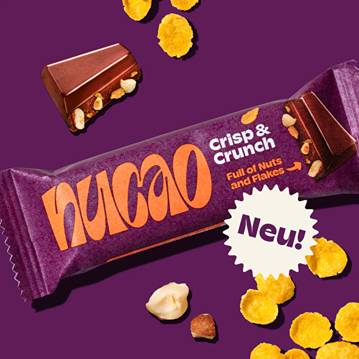 Der Crisp & Crunch Riegel von nucao kombiniert crunchy Cornflakes mit cremiger Schokolade.