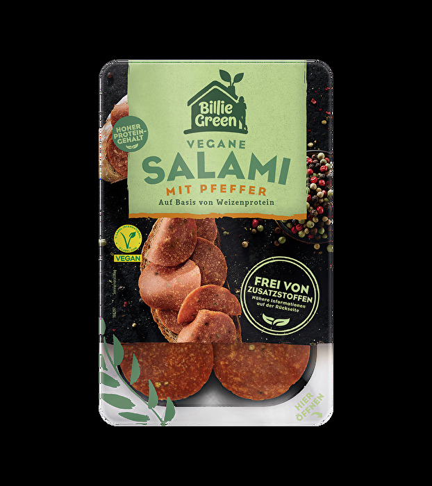 Die vegane Salami Klassik Pfeffer von Billie Green wird auf Basis von Weizenprotein hergestellt und hat einen unvergleichlich würzigen Geschmack.