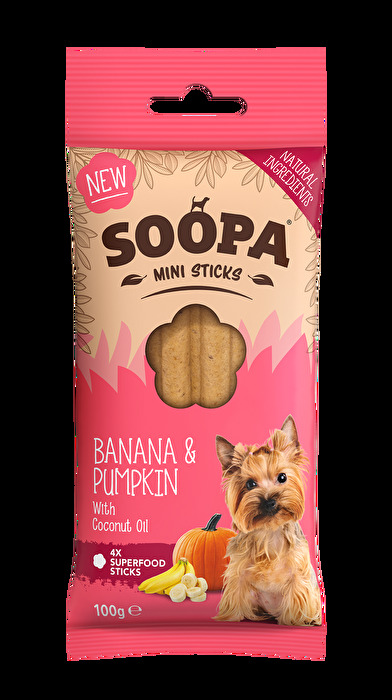 Die Kauknochen Banana & Pumpkin MINI von Soopa sind extra für kleine Hunderassen entwickelt worden, damit die sich nicht mehr an den großen Kauknochen abmühen müssen!