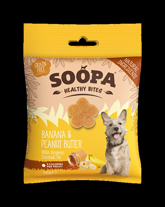 Hundedrops Healthy Bites Banana & Peanut Butter von Soopa sind getreidefrei, hypoallergen und werden aus natürlichen Zutaten hergestellt.