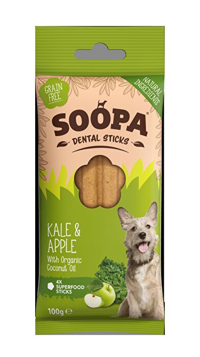 Die Kauknochen Dental Sticks Kale & Apple von Soopa kommen mit leckerem Kohl und noch leckererem Apfel daher - ein Fest für Deinen Hund!