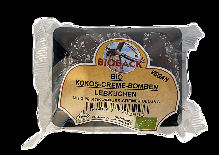 Die Bio Kokosnuss Creme Bomben von Rosmarin BIOBACK bieten ein unwiderstehliches Geschmackserlebnis: Saftiger Lebkuchen, gefüllt mit 31% Kokosnusscreme und überzogen mit zartbitterer Schokolade.