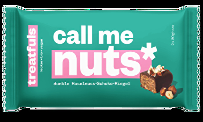 Die dunklen Haselnussriegel °call me nuts° von treatfuls sind köstliche Schokoriegel auf der Basis von Datteln.