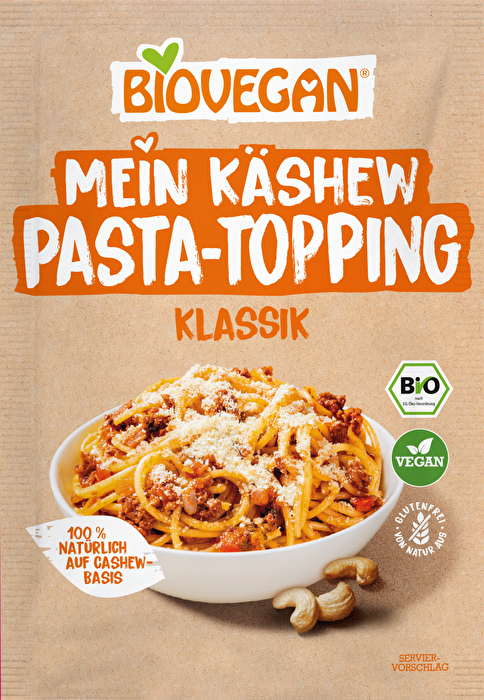 Das Mein Käshew Pasta-Topping Klassik von Biovegan verfeinert Pasta, Pizza, Risotto und Salate.