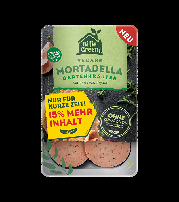 Die vegane Mortadella mit Kräutern +15% mehr Inhalt von Billie Green bringt frische Kräuternoten wie Schnittlauch und Petersilie auf den Frühstückstisch.