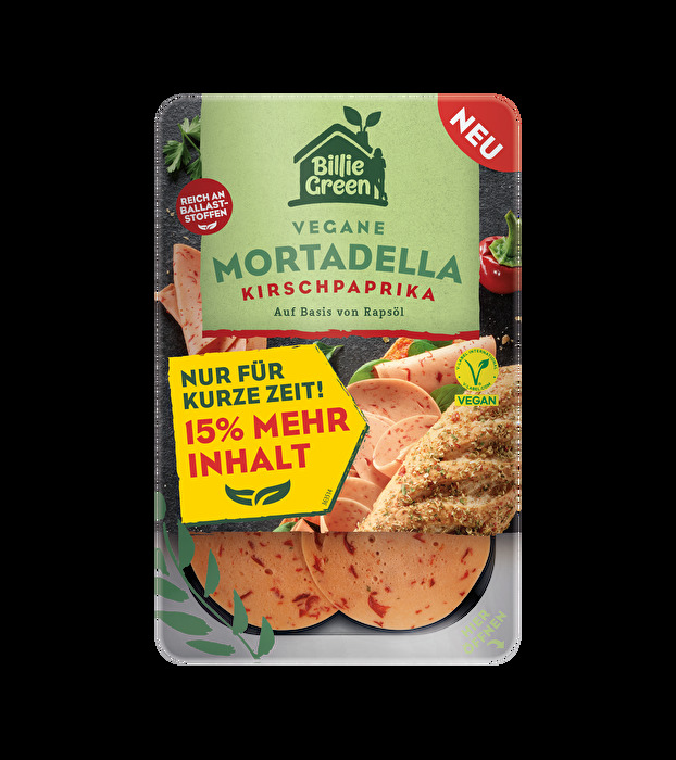 Die vegane Mortadella mit Kirschpaprika +15% mehr Inhalt von Billie Green sorgt für frischen Wind auf deinem Brot.