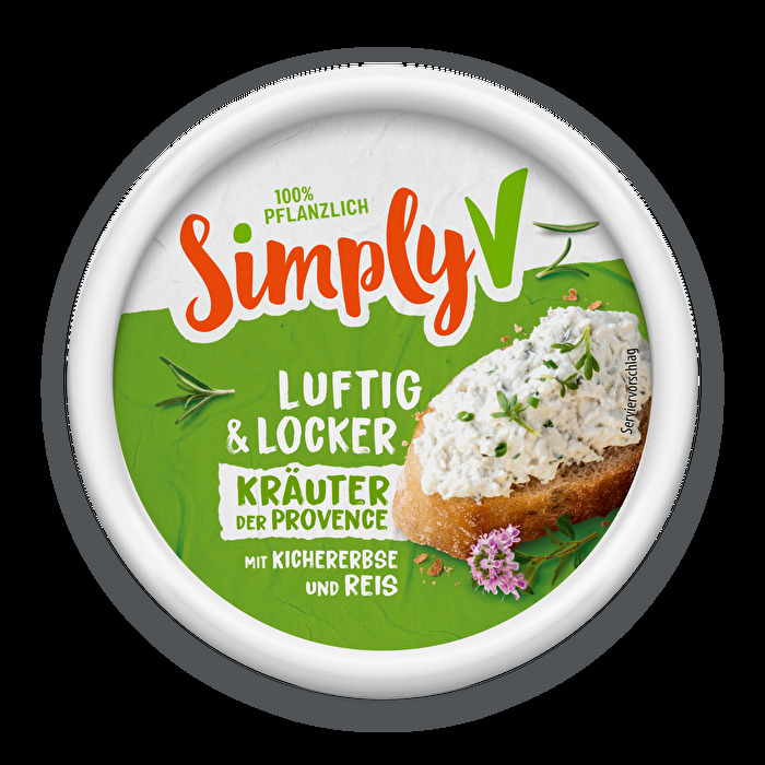 Luftig & Locker Kräuter der Provence von Simply V – Eine aufgeschlagene Frischkäsealternative, die mit ihrer luftig-lockeren Konsistenz und intensivem Kräuter-Geschmack begeistert.