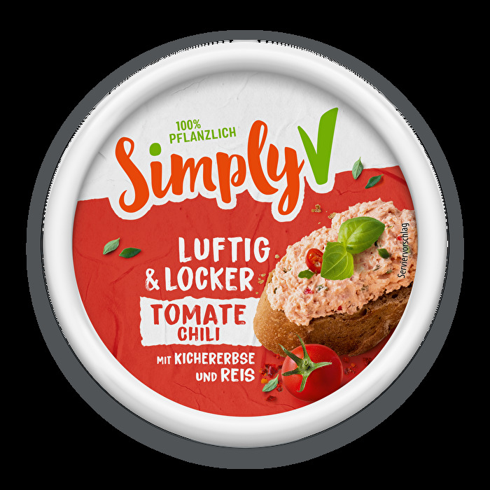 Luftig & Locker Tomate Chili von Simply V – Die aufgeschlagene Frischkäsealternative überzeugt mit einer luftig-lockeren Konsistenz, fruchtigen Kirschtomaten und einem dezenten Chili-Kick.