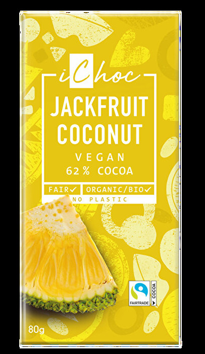 Jackfruit Coconut von iChoc – Bio-Bitterschokolade trifft auf exotische Jackfruit, knackige Kokoschips und erfrischenden Lemoncrisp.