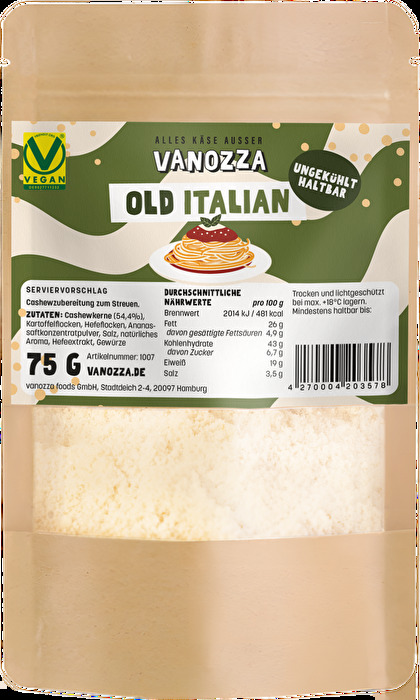 Der Old Italian von Vanozza im praktischen 75g-Pack ist ein extrem leckerer Parmesan-Ersatz auf Cashewbasis.