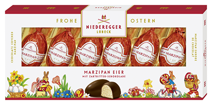 Marzipan-Eier von Niederegger, 6 Stück – zartes Marzipan, umhüllt von hochwertiger Zartbitter-Schokolade.