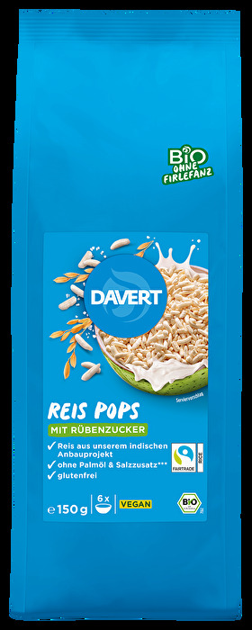 Reis Pops mit Rübenzucker von Davert – glutenfrei, vegan und angenehm süß. Mit mild aromatischem Fairtrade-Reis aus einem Anbauprojekt in Indien.