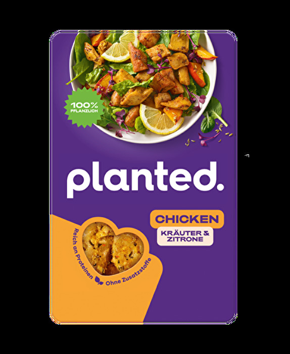 Das Chicken Kräuter Zitrone von planted. – eine pflanzliche Alternative aus Erbsenprotein, verfeinert mit frischen Kräutern und Zitronenschale.