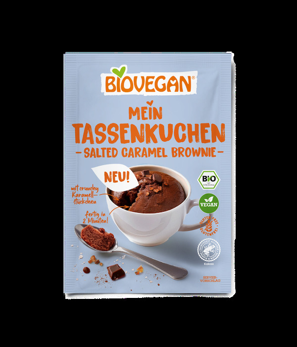 Mein Tassenkuchen Salted Caramel Brownie von Biovegan ist ein kleiner Brownie, der schnell und einfach zubereitet werden kann.