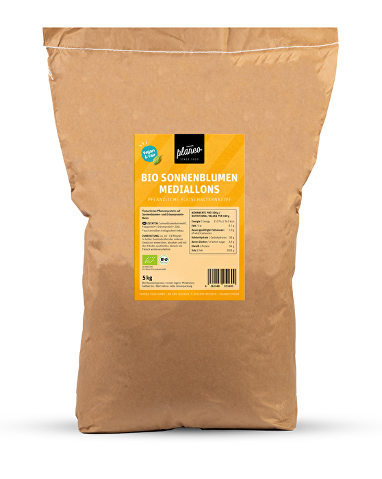 Die Bio Sonnenblumen Medaillons von planeo sind eine nachhaltige, pflanzliche Fleischalternative auf Basis von Sonnenblumen, Erbsen und Ackerbohnen – ganz ohne Soja oder Weizengluten.
