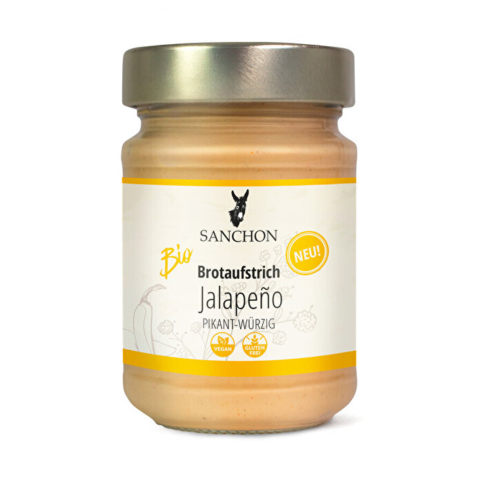 Der Brotaufstrich Jalapeno von Sanchon bringt dir angenehme Schärfe aufs Brot. Sie ist wunderbar cremig in der Konsistenz und hat eine pikant-würzige Note.