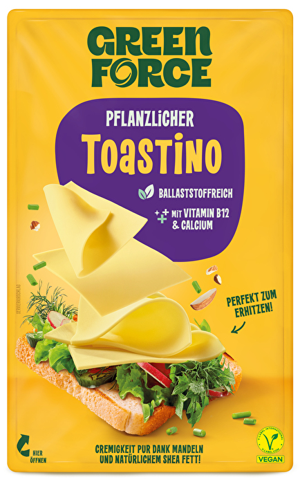 Der Pflanzliche Toastino von GREENFORCE ist wie Scheibenkäse, nur besser - cremig, aromatisch und vielseitig.
