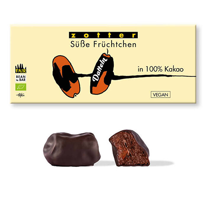 Datteln in Kakao von Zotter, das sind leckere Datteln in ihrer ganzen Süße, ummantelt von einer herben Schicht 100%igen Kakaos.
