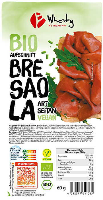 Veganer Aufschnitt Bresaola Art von Wheaty überzeugt mit mildem Geschmack und kommt ohne Chemie und künstliche Aromen aus.