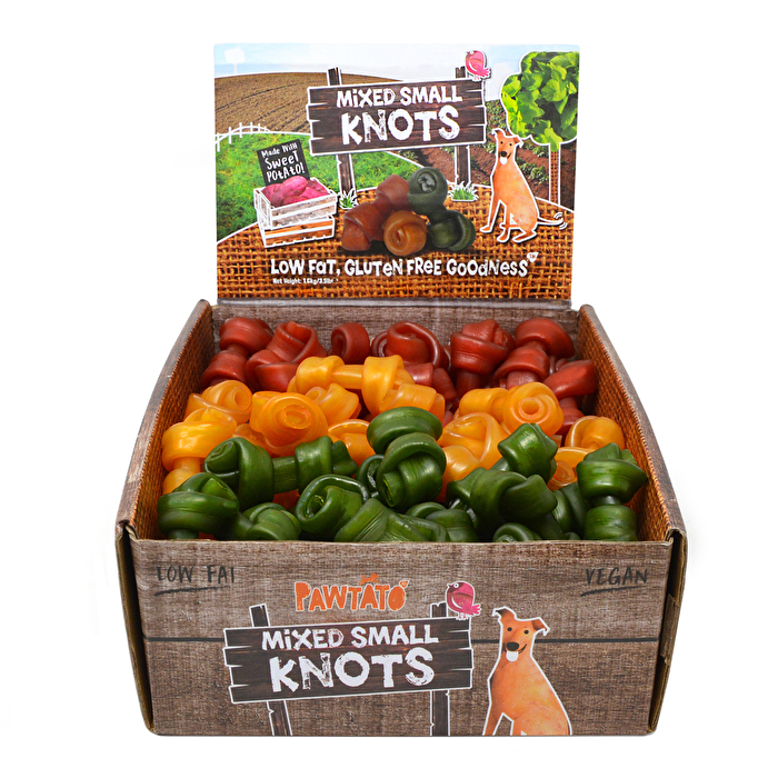 Der Pawtato Knots Small - Mixed Case von Benevo bietet Euch ganze 1,6kg der beliebten kleinen Pawtato Knots im günstigen Vorratspack.