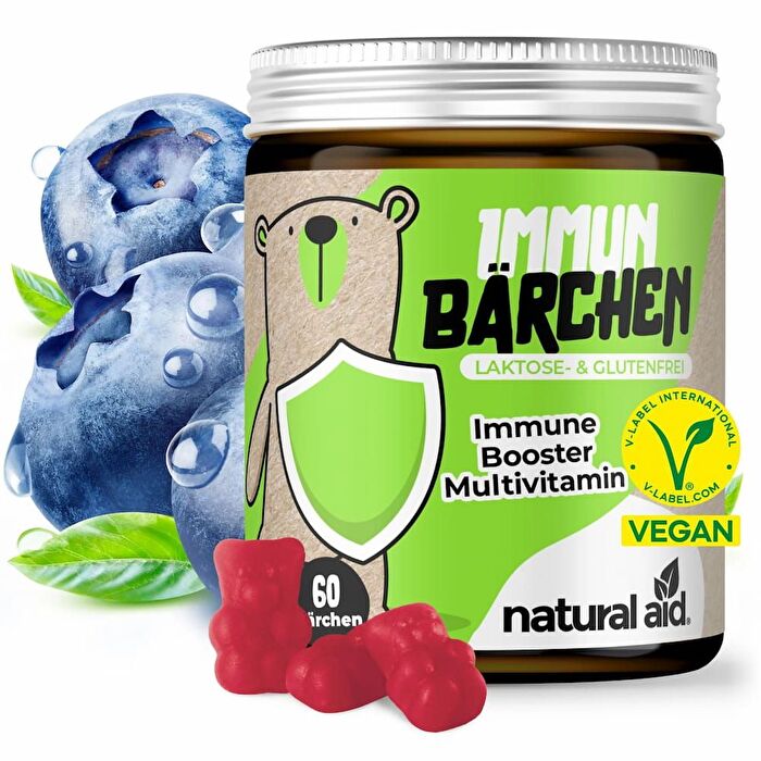 Die Immun Bärchen von Natural Aid beinhalten 13 wichtige Vitamine und Mineralstoffe in einem weichen Fruchtgummi mit einem natürlichen Heidelbeeraroma.