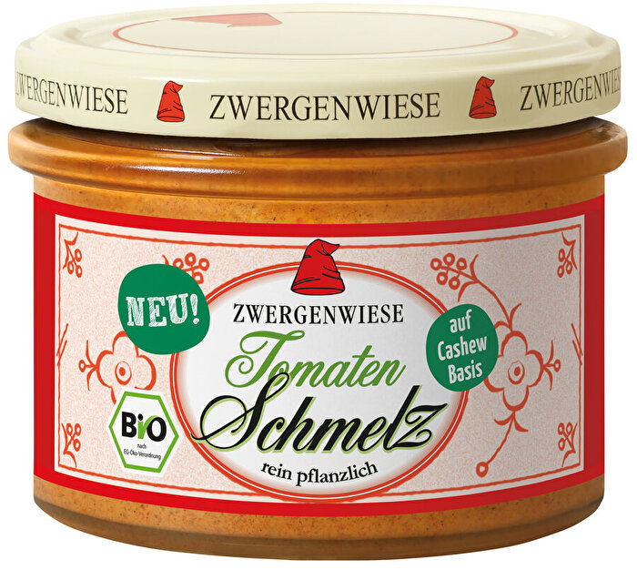 Der Tomaten Schmelz von Zwergenwiese kommt mit einem Cashewanteil von satten 33% und getrockneten Tomaten daher.